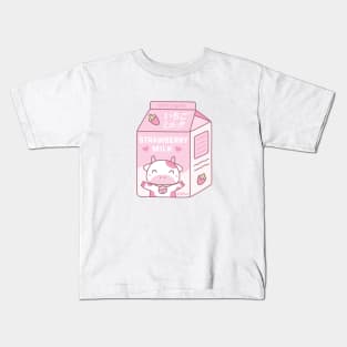 Kawaii Strawberry Milk Carton With Cow Mascot Kids T-Shirt